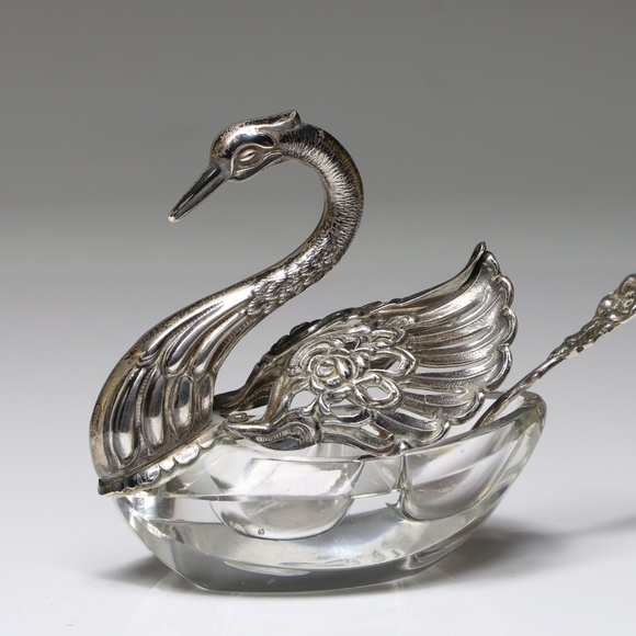 Vintage Sterling Silver Germany Crystal Swan With Spoon Open Salts Tray Singed - Picture 6 of 6